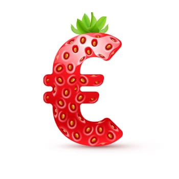 Euro symbol in strawberry style with green leaves