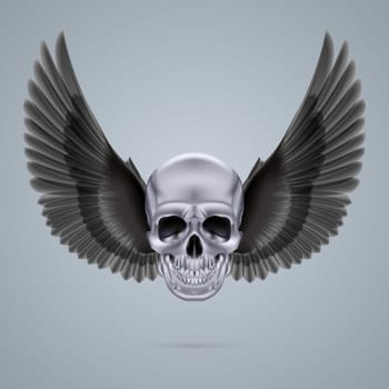 Metal chrome skull with two black crow wings.