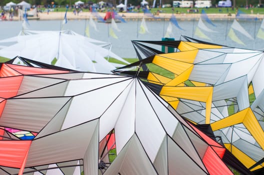 some kites on a grass field during a kite demonstration