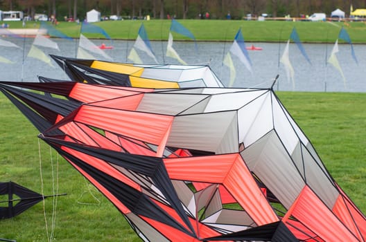 some kites on a grass field during a kite demonstration
