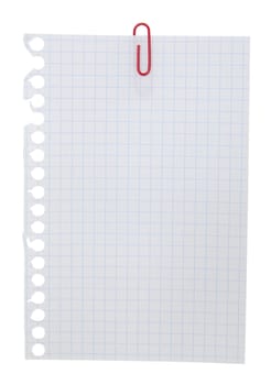 Blank note paper and red paper-clip isolated  on white