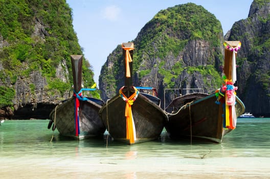 Tropical beach, longtail boats, Andaman Sea, Thailand