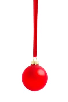 Christmas ball hanging with ribbons on white background