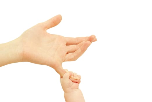 Baby hand holding mother finger isolated on white