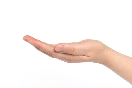 A hand begging alms on a white background