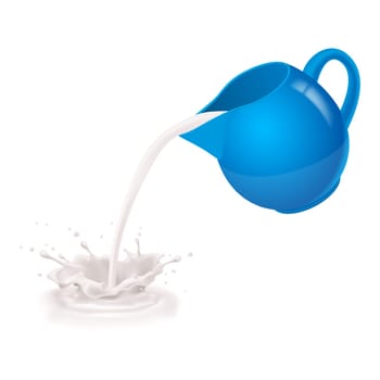 Milk being poured from a blue jug.