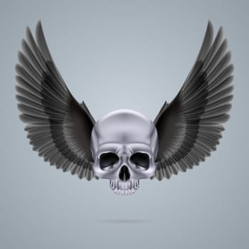 Metal chrome skull with two black crow wings and no jaw bone.