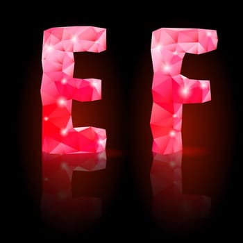 Shiny ruby polygonal font with reflection on black background. Crystal style E and F letters