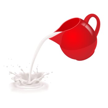 Milk being poured from a red jug.