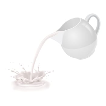 Milk being poured from a white jug.