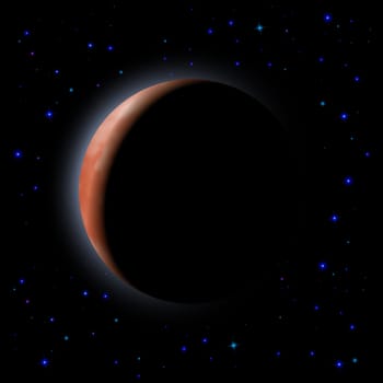 Eclipse of the planet on the black background. Shining stars.