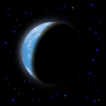Eclipse of the planet on the black background, blue shining stars.