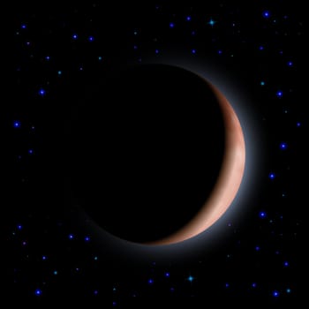Eclipse of the planet on the black background. Blue shining stars.