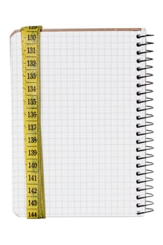 Planning of diet. Notebook with measuring tape, isolated on white background