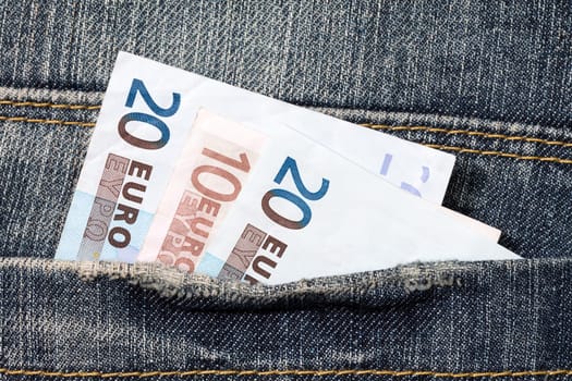 European currency banknotes in the jeans pocket