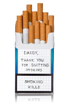 Request for quit smoking on the cigarettes pack. Isolated on white background