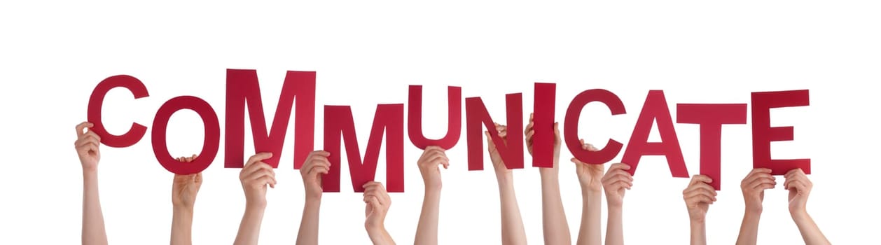 Many Hands Holding the Red Word Communicate, Isolated