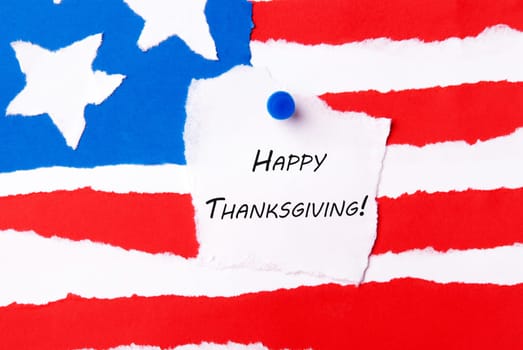 Happy Thanksgiving Note on an American Flag Background