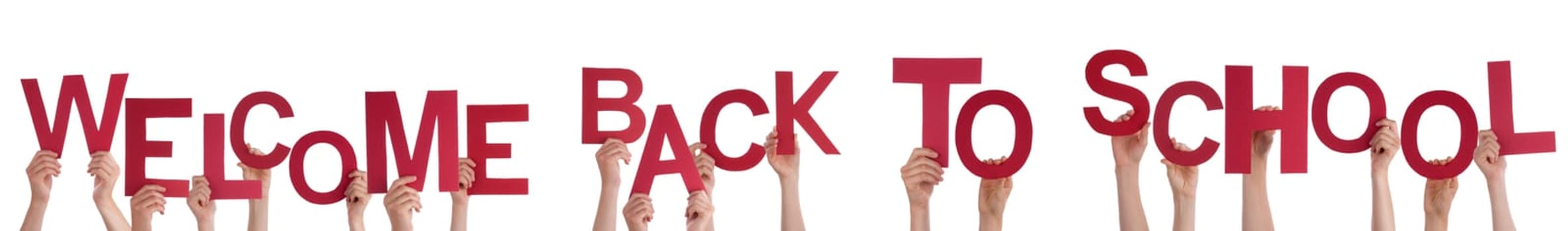 Many Hands or Children Holding the Words Welcome Back To School, Isolated