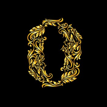 Richly decorated zero digit on black background.