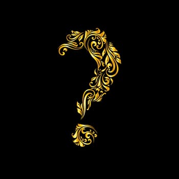 Richly decorated golden question mark with twirls.