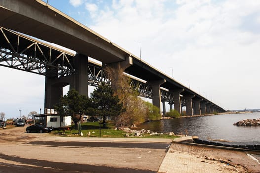 The Highway QEW in Hamilton over the canal from the lake Ontario to.the harbour of Hamilton..