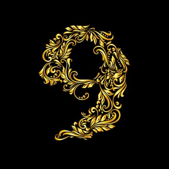 Richly decorated nine digit on black background.