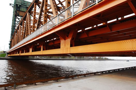 A part of the steel construction of the lift bridge over the canal from.the lake Ontario to the harbour of Hamilton..