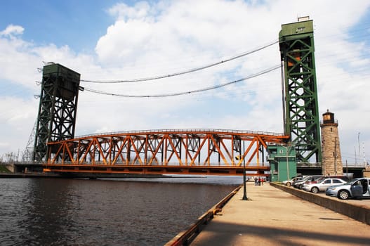 The old Burlington lift bridge over the canal from the lake Ontario to the.harbour of Hamilton, Ontario..