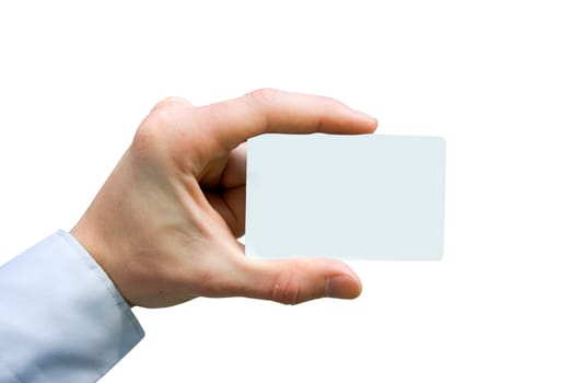 Man hand holding a blank business card