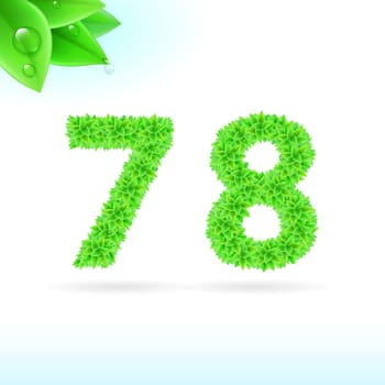 Sans serif font with green leaf decoration on white background. 7 and 8 numerals