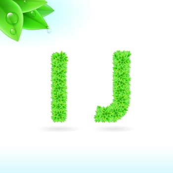 Sans serif font with green leaf decoration on white background. I and J letters