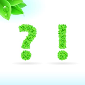 Sans serif font with green leaf decoration on white background. Question and exclamation marks