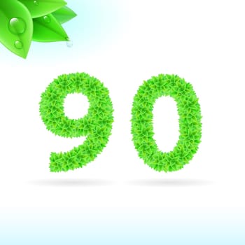 Sans serif font with green leaf decoration on white background. 9 and 0 numerals