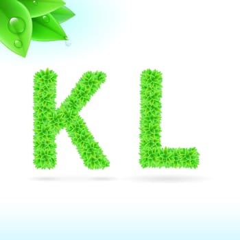 Sans serif font with green leaf decoration on white background. K and L letters