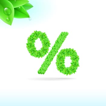 Sans serif font with green leaf decoration on white background. Per cent sign