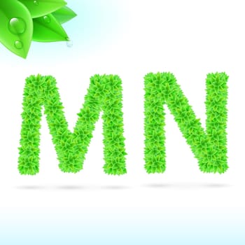 Sans serif font with green leaf decoration on white background. M and N letters