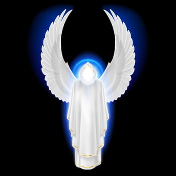 Gods guardian angel in white dress with blue radiance on black background. Archangels image. Religious concept