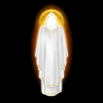 Gods guardian angel in white dress with golden radiance.  Religious concept