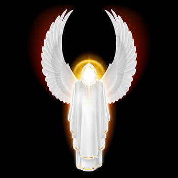 Gods guardian angel in white dress with golden radiance on black background. Archangels image. Religious concept