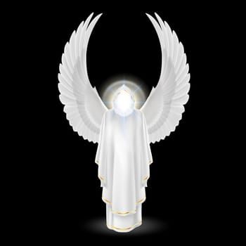 Gods guardian angel in white with wings up on black background. Archangels image. Religious concept