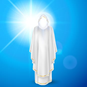 Gods guardian angel in white dress against sky background and bright sun flare. Religious concept