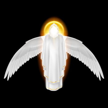 Gods guardian angel in white dress with golden radiance and wings down on black background. Archangels image. Religious concept