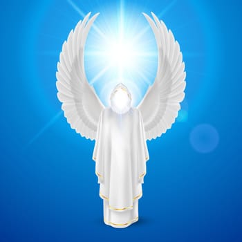 Gods guardian angel in white dress with wings up against sky background and bright sun flare. Religious concept