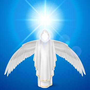 Gods guardian angel in white dress with wings down against sky background and bright sun flare. Religious concept
