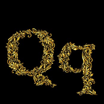 Richly decorated letter 'q' in upper and lower case.
