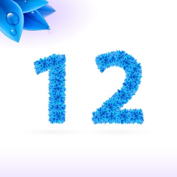 Sans serif font with blue leaf decoration on white background. 1 and 2 numerals