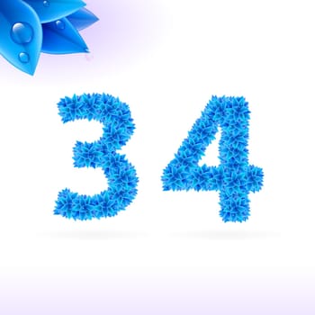 Sans serif font with blue leaf decoration on white background. 3 and 4 numerals