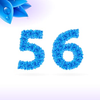 Sans serif font with blue leaf decoration on white background. 5 and 6 numerals