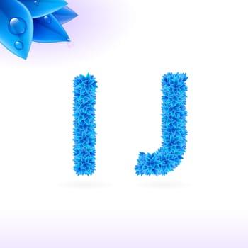 Sans serif font with blue leaf decoration on white background. I and J letters